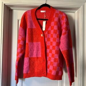 Red and Pink Checkered Women's Oversized Cardigan. NWT. Size Large